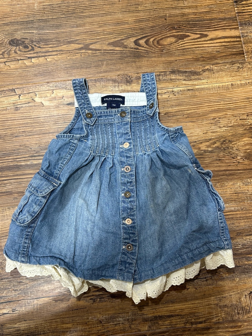 Ralph Lauren Baby Denim 100% Cotton Eyelet Trim Overall Dress 9M